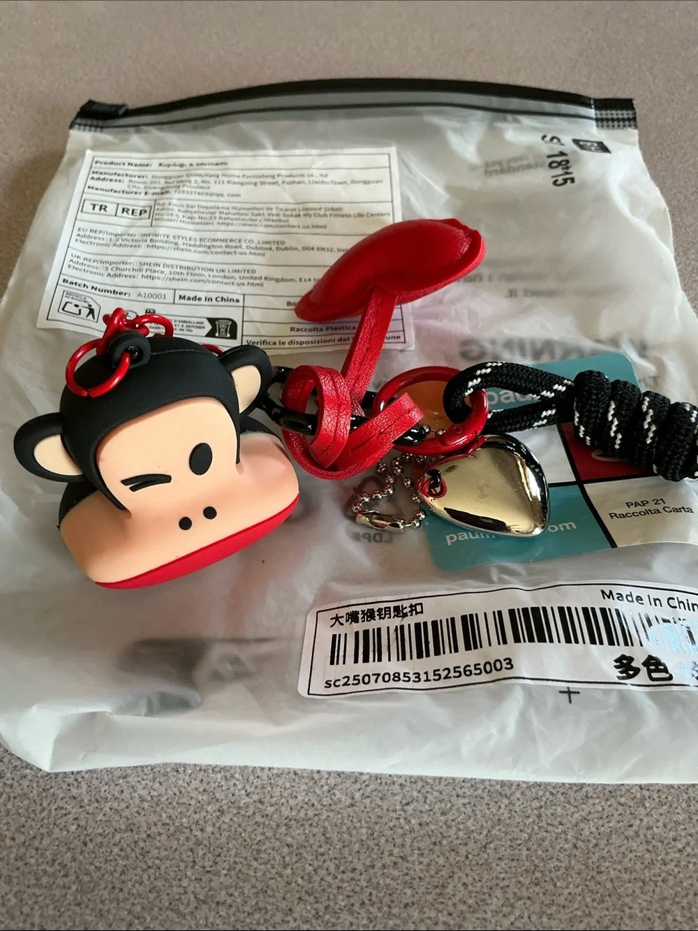 Paul Frank Red Heart & Monkey Bag Charm with Silver Accent New!
